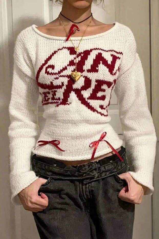 Lana Del Rey White Mini Bow Red Detailed Sweater