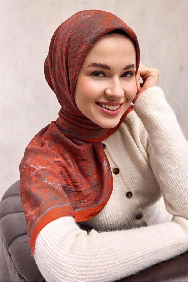 Viskose Velora Scarf Orange Maze Patterned Tok Duruşlu Non-Slip 90X90