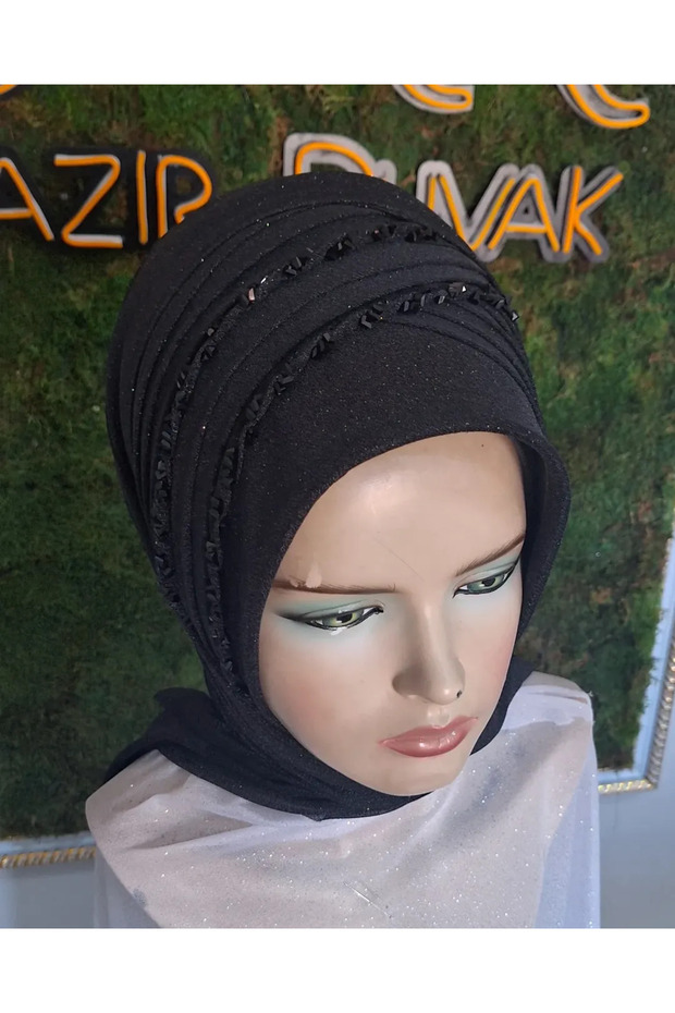 Black Broken Stone Pattern Ready-Made Turban Ready-Made Shawl Evening Dress Shawl Veil