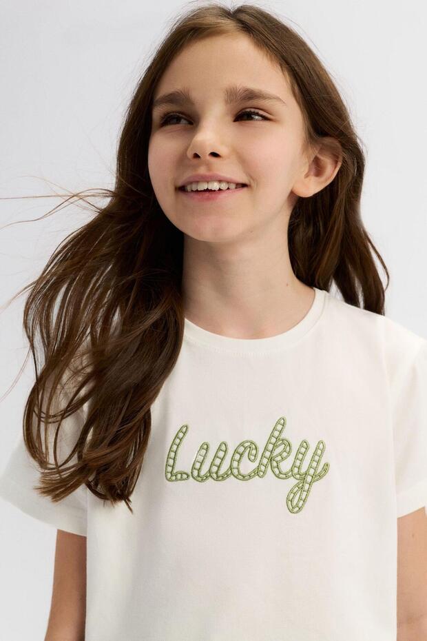 Girl's Lucky T-Shirt 8-14 Years Old Ecru-Green