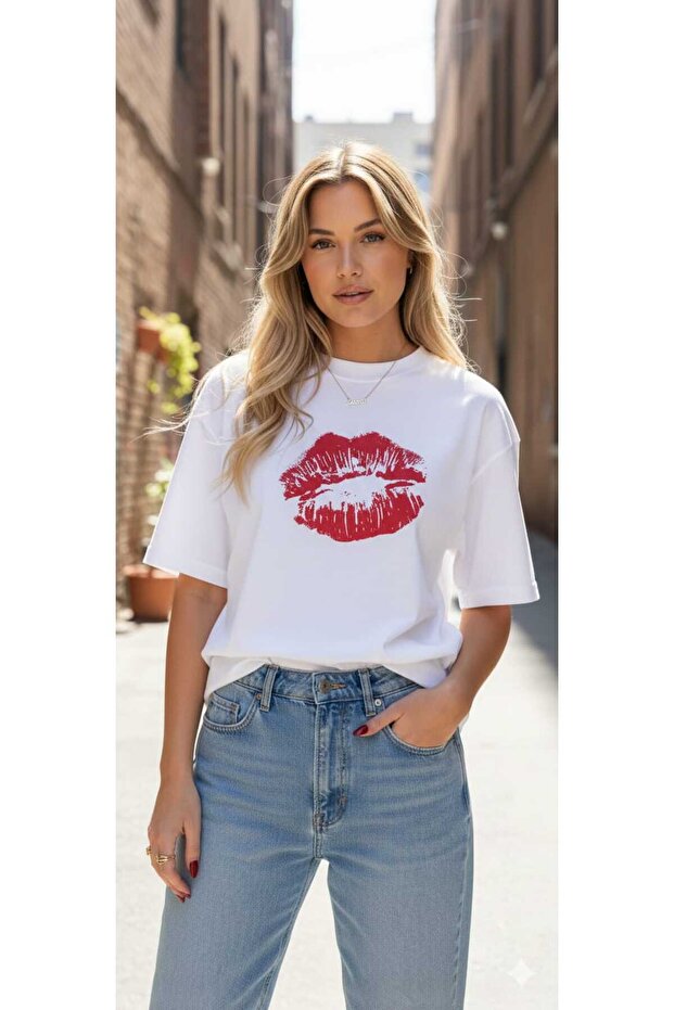 Women's Red Lipstick Lip Printed Oversized T-Shirt Casual