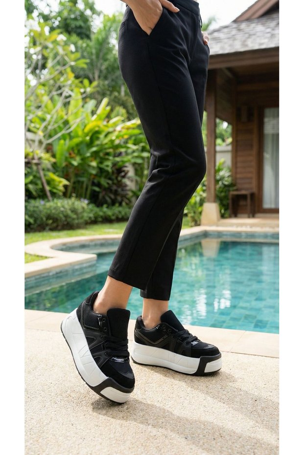 Women's White and Black 6 cm Thick Soled Sneaker Sports Shoes Daily Walking Lace-Up Sports Shoes