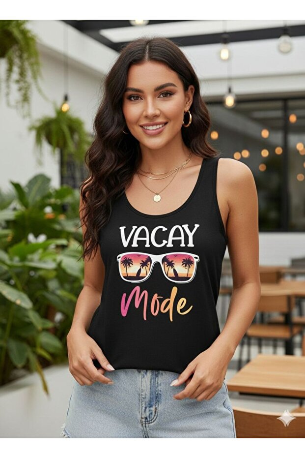 Vacay Mode Printed Women's Black Off-The-Shoulder Strap Summer Cotton T-Shirt