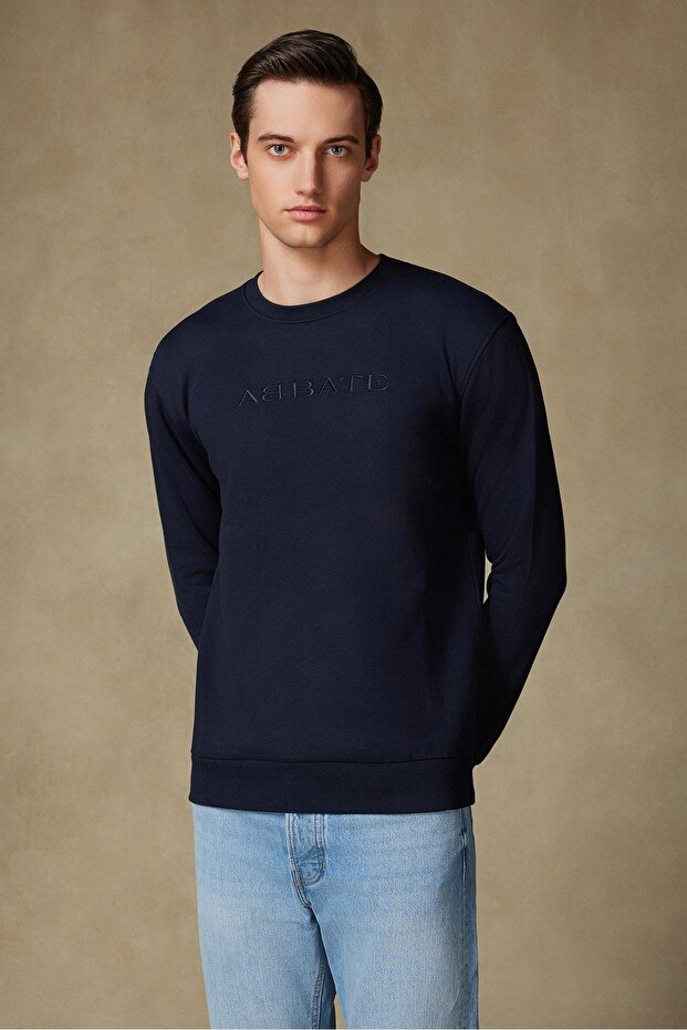 Sweatshirt Knitted Fabric Cotton Comfort Fit Navy Blue Crew Neck Men's Embroidered Sweatshirt