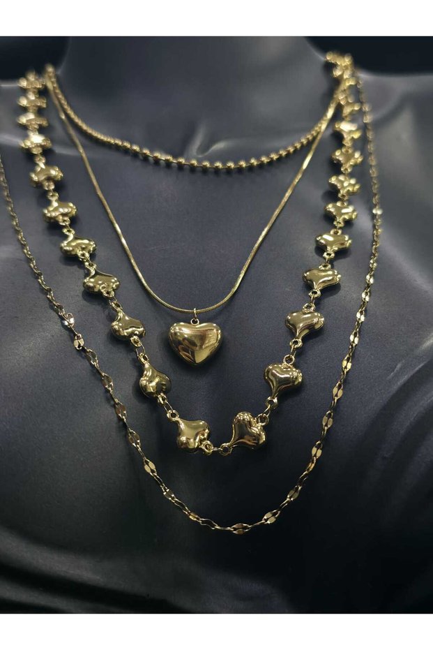 Quadruple Steel Chain Heart Model Bulk Classic Stylish Style Romantic Love Themed Yellow Color Steel Necklace