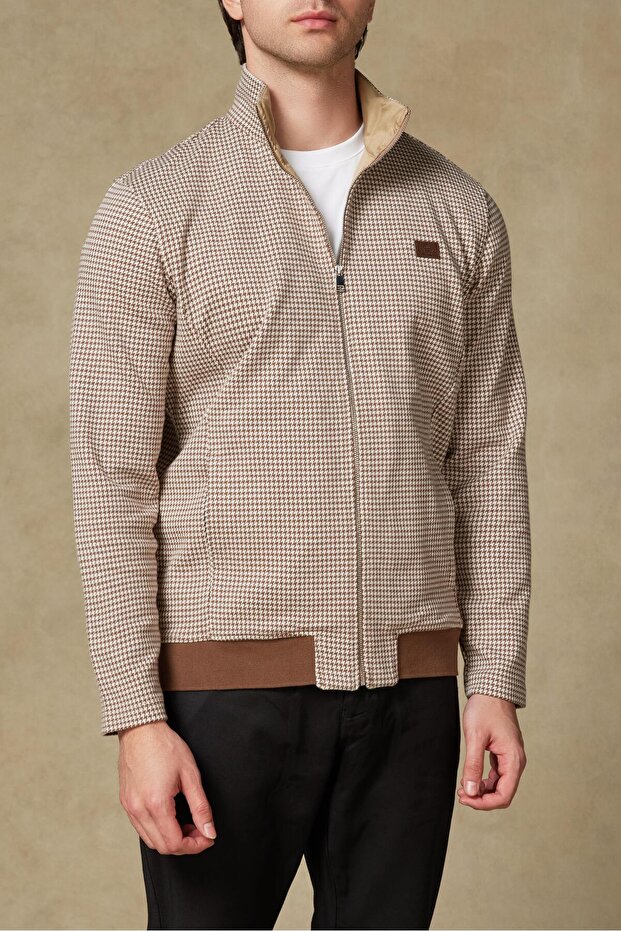 Edon Knitted Fabric Cotton Modern Fit Brown Mock Neck Men's Patterned Sweatshirt