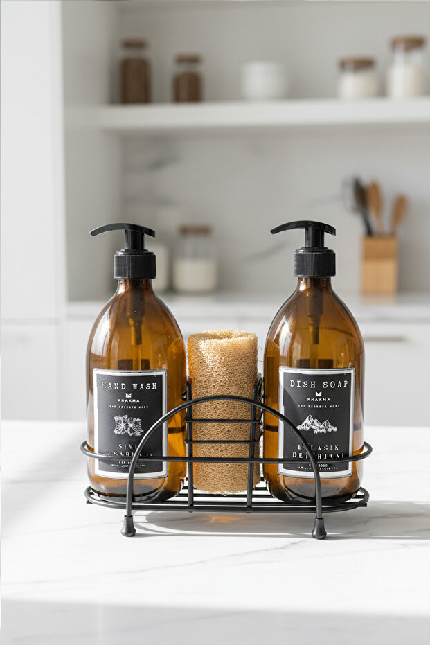Home 2-Piece Amber Glass Soap Dispenser Set 500 ml - Kitchen Set with Sponge Compartment and Black Metal Stand