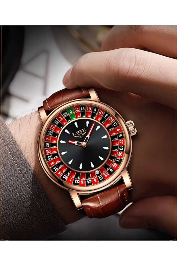Lige Roulette Special Edition - Luxury Rose Gold Leather Strap Men's Wristwatch Roulette Watch