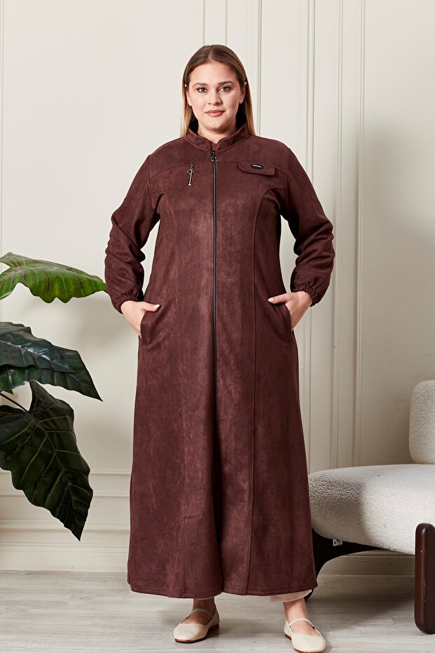 Women's Large Size Hijab Suede Cap Top Coat with Neck and Zipper Long Hijab Suede Top Coat