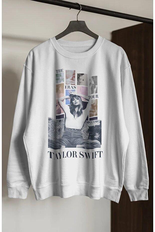 Unisex Oversized Taylor Swift Illustrated Eras Tour Printed Crew Neck Hoodless Sweatshirt