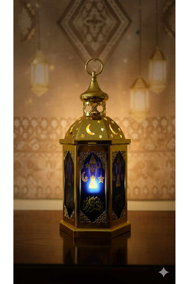 Gold-colored lantern with blue glass, Ramadan Kareem design, with light, battery operated, 40cm x 20cm