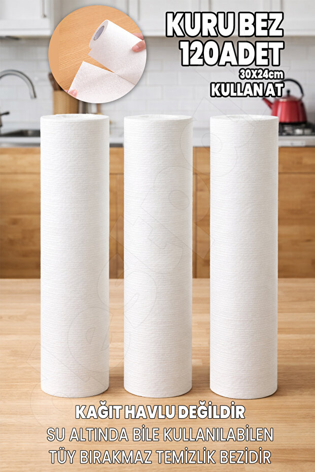 Dry Cloth 120 Pcs - 3 Rolls Multi-Purpose Tearable Disposable Cleaning Cloth - Water Absorbent - 30X24Cm