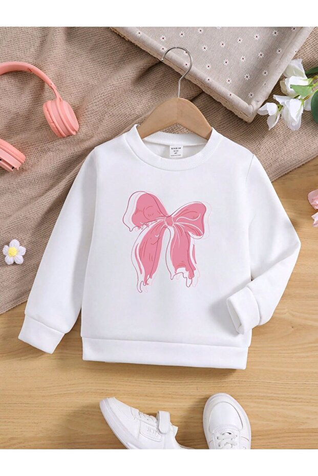 Pink Big Ribbon Printed Girls Winter Children's Sweatshirt White