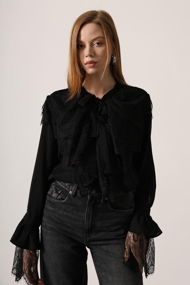 New Season Women's Lace Detailed Buttoned French Shirt 34512