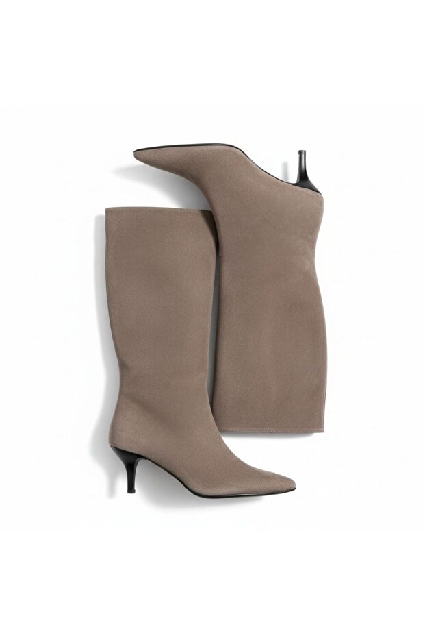 Ecru Suede Genuine Leather Bellows Women's Pointed Toe Boots