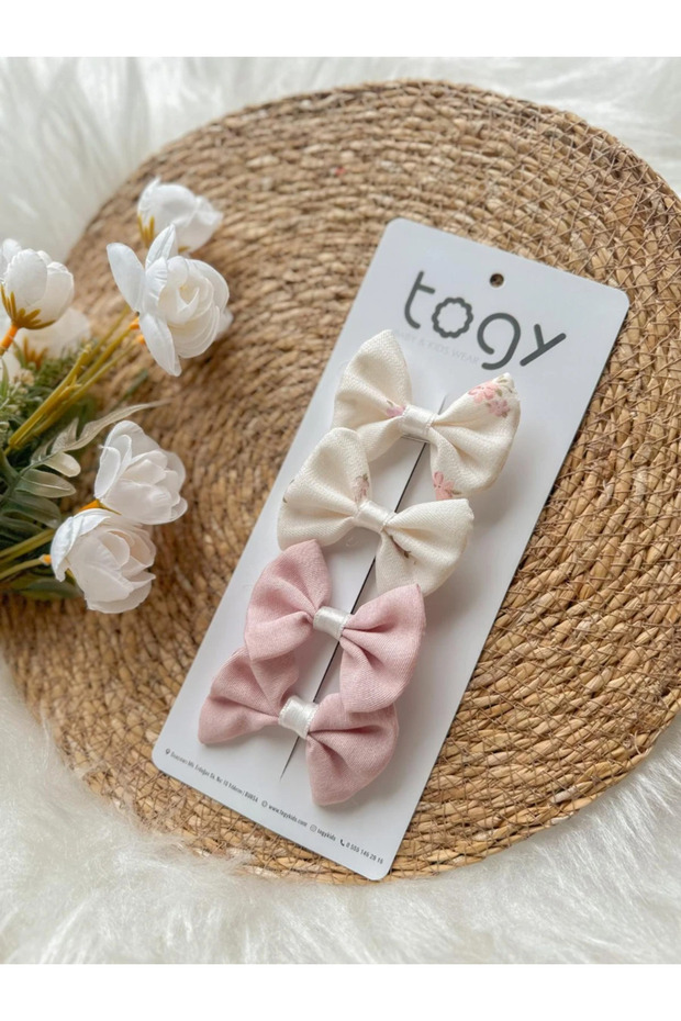 Ecru Flower Patterned and Powder Bow Girl's Baby Buckle Set