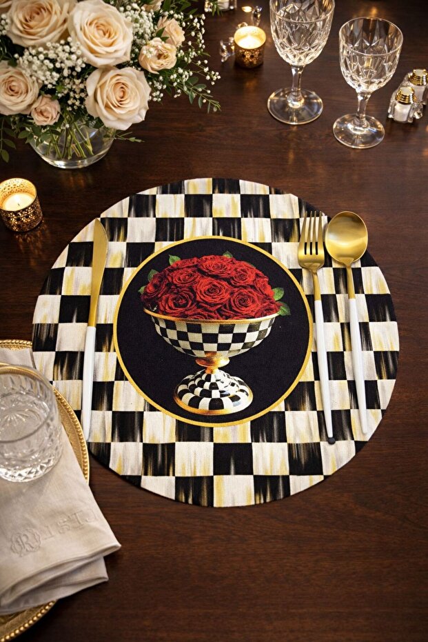 FABRICWORKS Checker Series | Set of 2 Round Decorative Placemats
