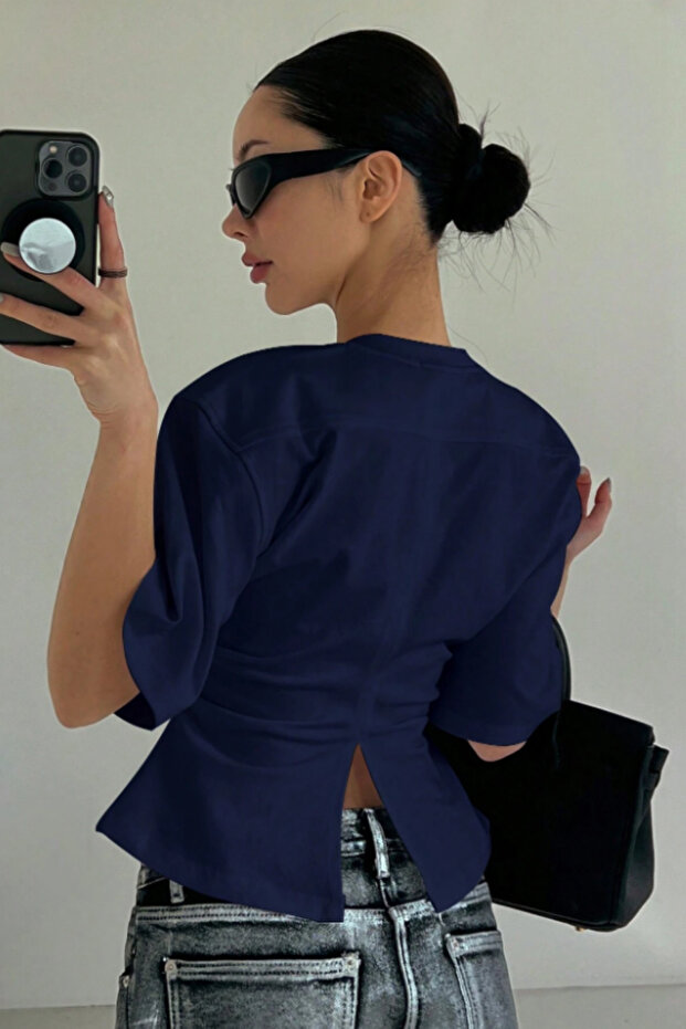 Women's Navy Blue Short Sleeve Backless Slim Fit Blouse/T-Shirt