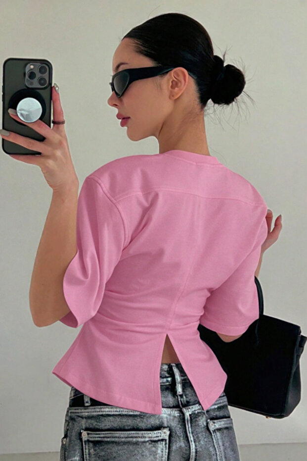 Women's Pink Short Sleeve Backless Slim Fit Blouse/T-Shirt