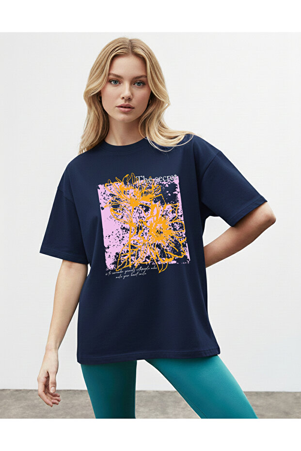 Women's Orange Floral Printed Special Design Navy Blue T-Shirt