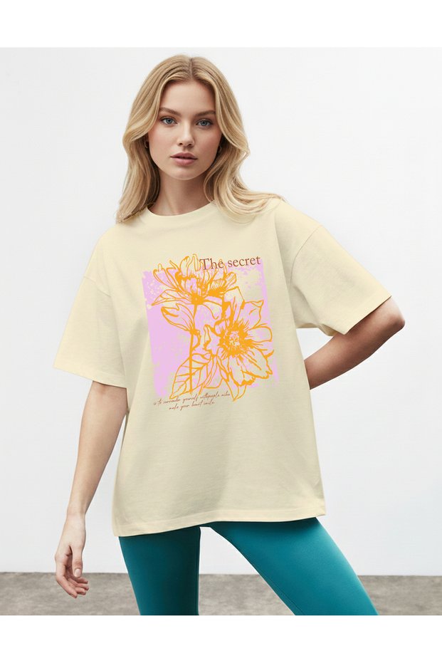 Women's Orange Floral Printed Special Design Beige T-Shirt