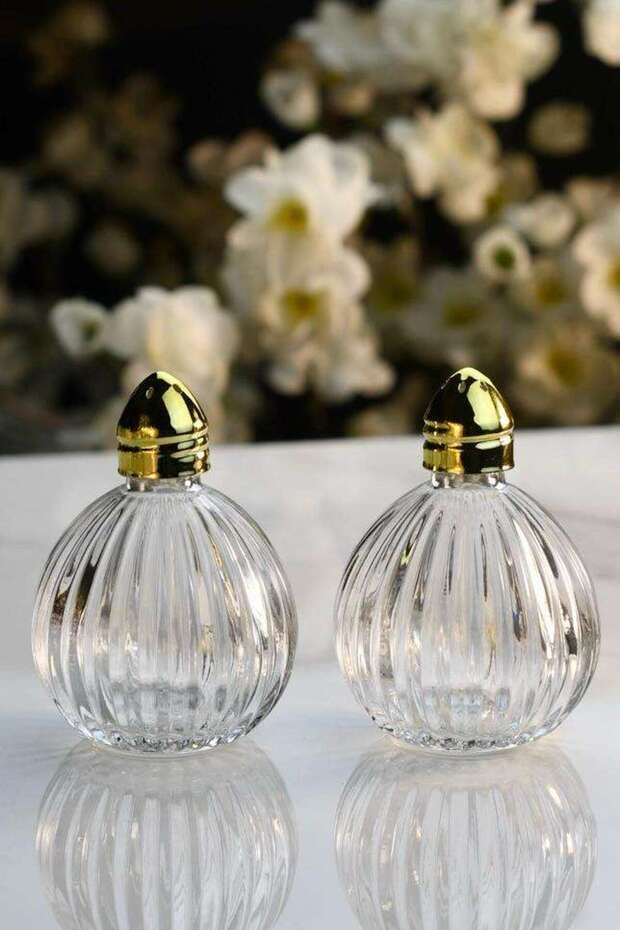 Set of 2 Gold Striped Origami Salt and Pepper Shakers | Glass Salt Shaker | Glass Pepper Shakers