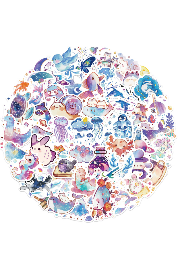 53pcs All 53PCS Starry Sky Watercolor Creatures Sticker Notebook Graffiti Stationery Waterproof Coff