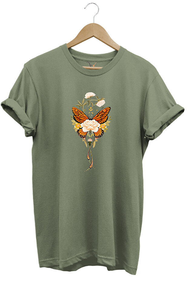 Minimal Butterfly and Flower Printed 100% Cotton Regular Fit Crew Neck T-Shirt
