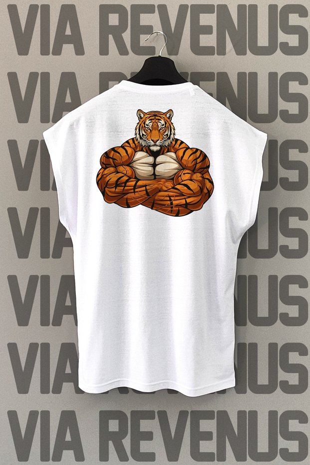 Gym Tiger Sırt Printed Sıra Kolsuz %100 Pamuk Spor Tshirt