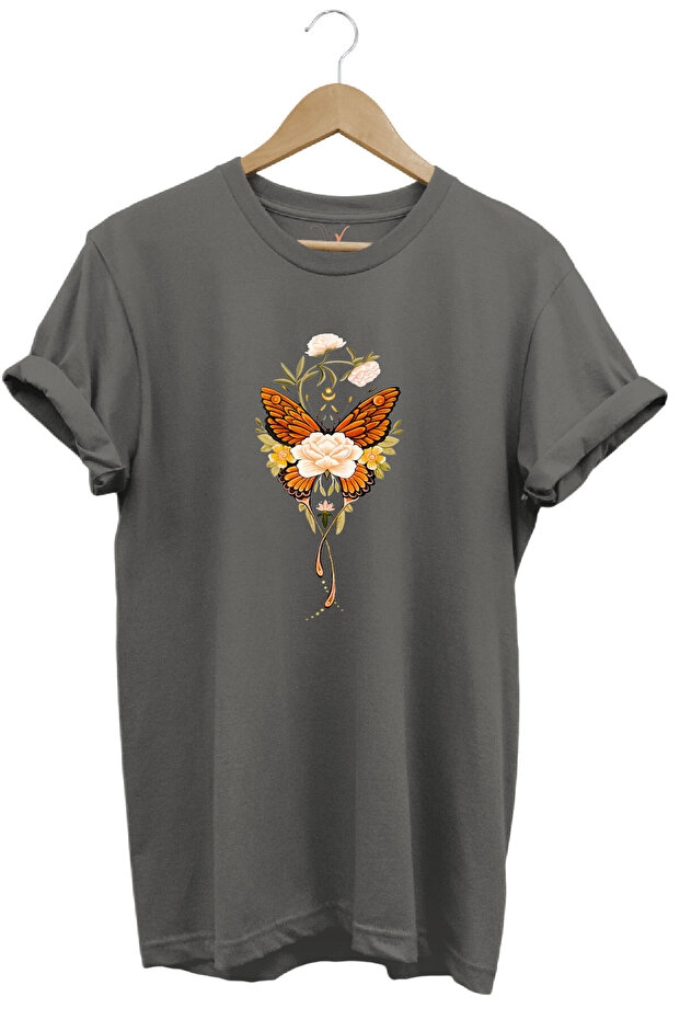 Minimal Butterfly and Flower Printed 100% Cotton Regular Fit Crew Neck T-Shirt