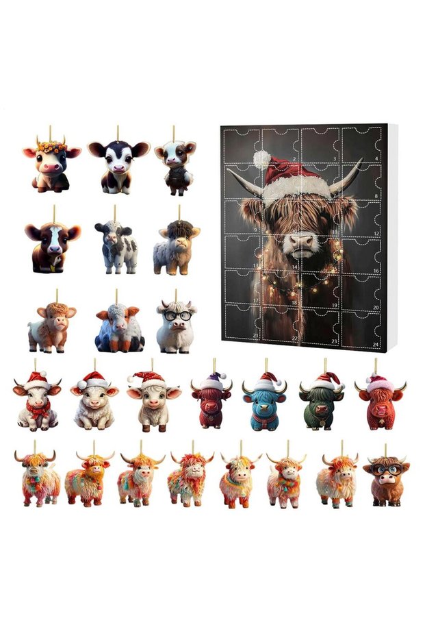 other E Christmas Advent Calendar 24 Pcs Highland Cow Ornaments 2D Acrylic Cute Animal Christmas Tre