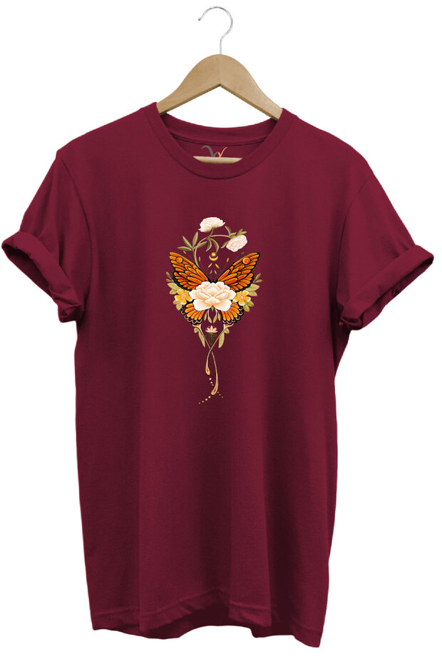 Minimal Butterfly and Flower Printed 100% Cotton Regular Fit Crew Neck T-Shirt