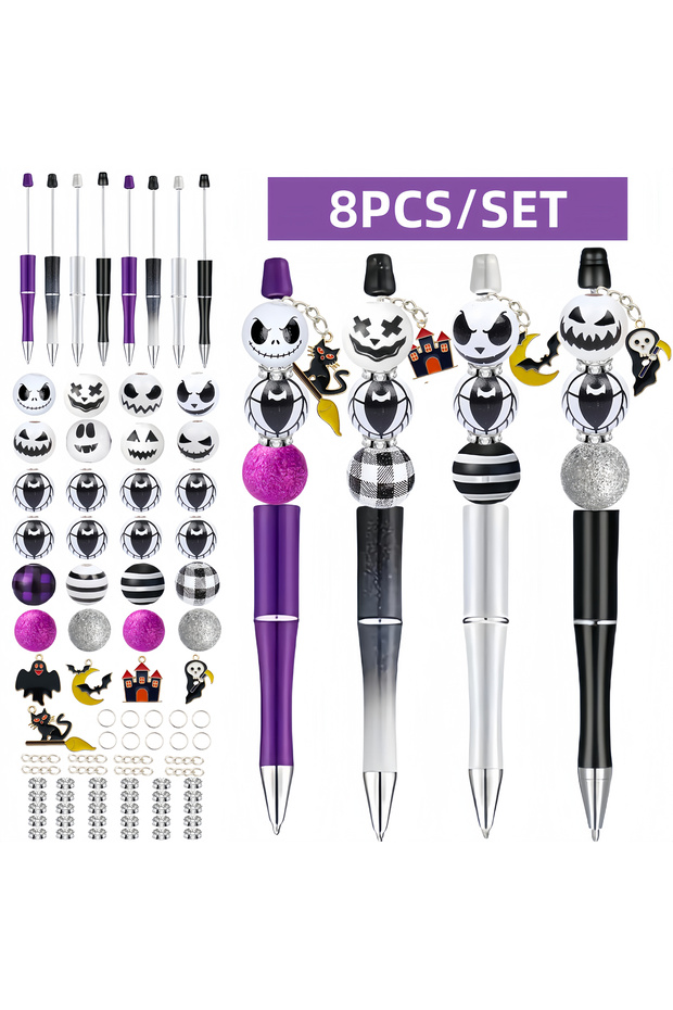 8PCS 8PCS Black White Purple Halloween Devil Alien Theme DIY Beaded Ballpoint Pen&Wooden Resin Bead