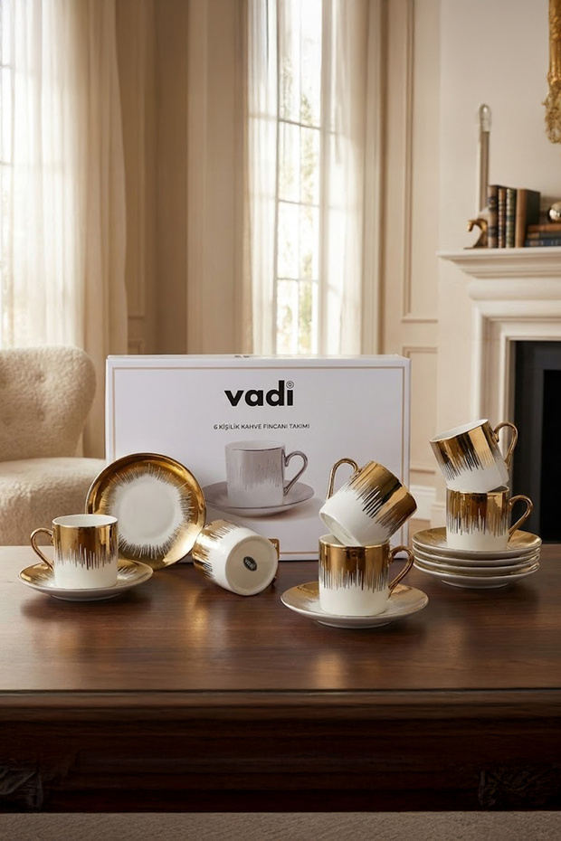 Gold Detailed 6-Person Porcelain Coffee Cup Set Luxury