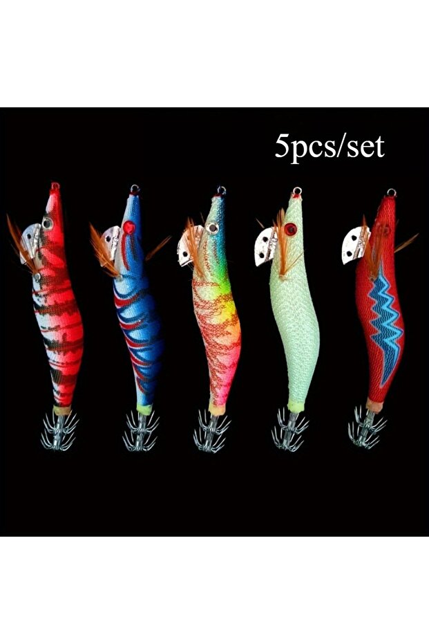 5pcs Ackibbik 5pcs/set 10cm/ 12.3g Luminous Squid Jig Hook Shrimp Prawn Lure Artificial Bait Sea Fis