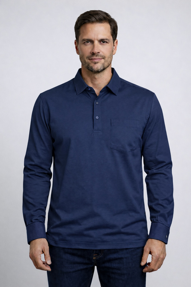 Men's Cotton Shirt Collar Long Sleeve Polo T-Shirt – Slim Fit , with Pockets, Casual Stylish
