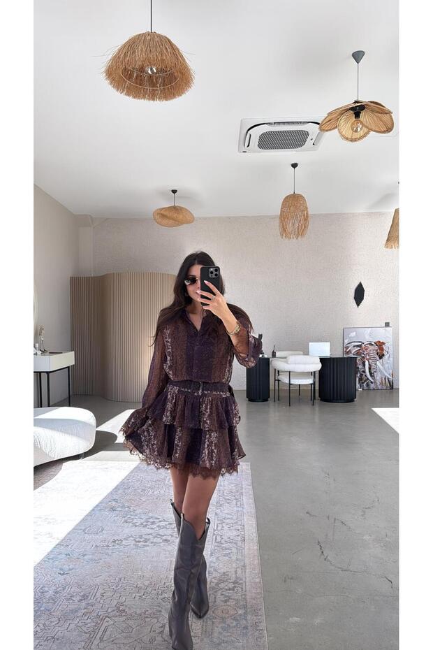 Brown Patterned Belted Chiffon Dress with Lace Detail
