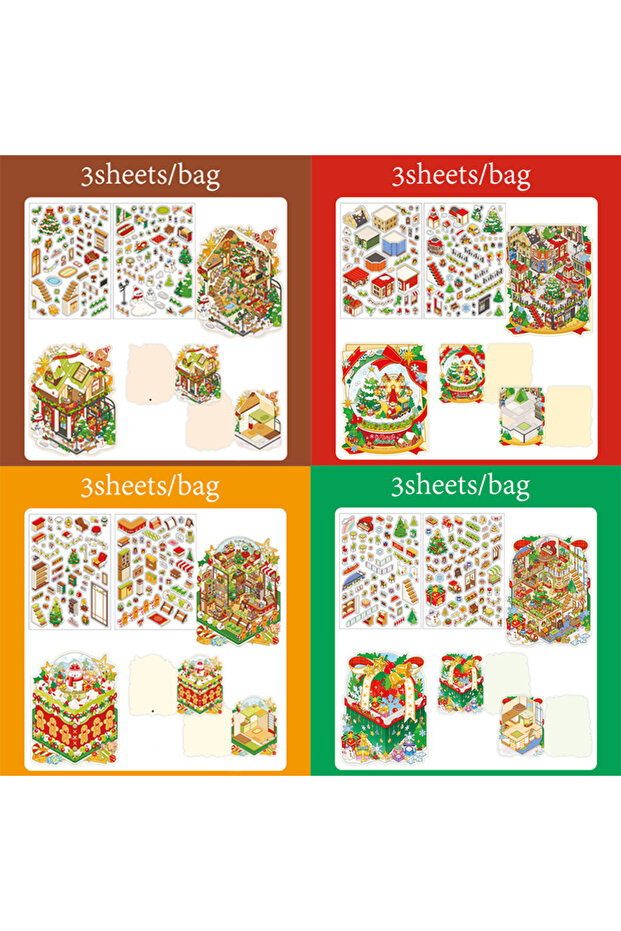 S29268-A 4 Packs Christmas Miniature Diorama Stickers, Xmas Village Scene Decals for Journal Scrapbo