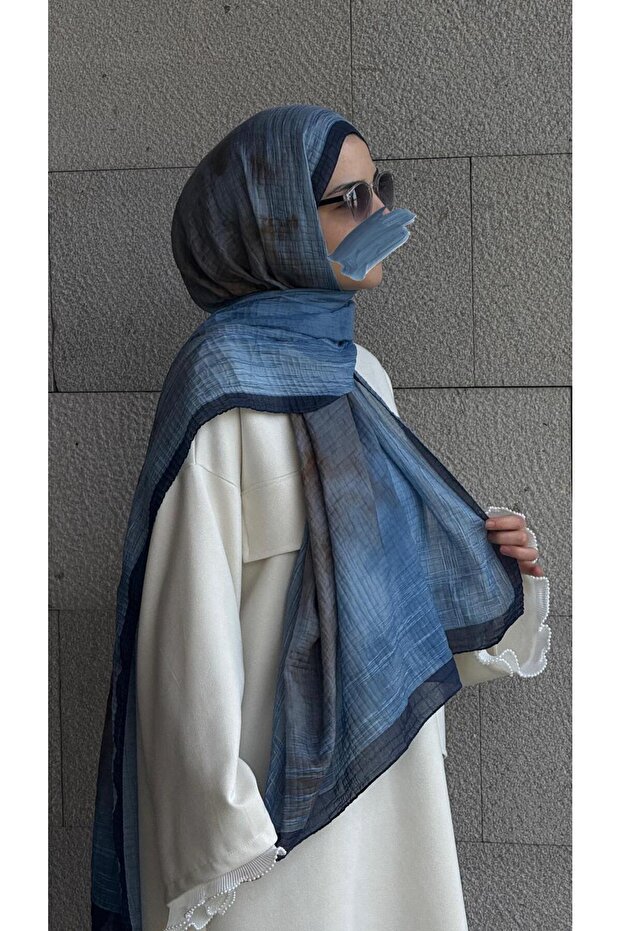 Müslin Pliseli Şal-İndigo - 2