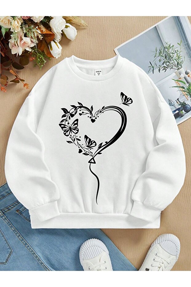 Heart Butterfly Tail Printed Girls Winter Children's Sweatshirt White