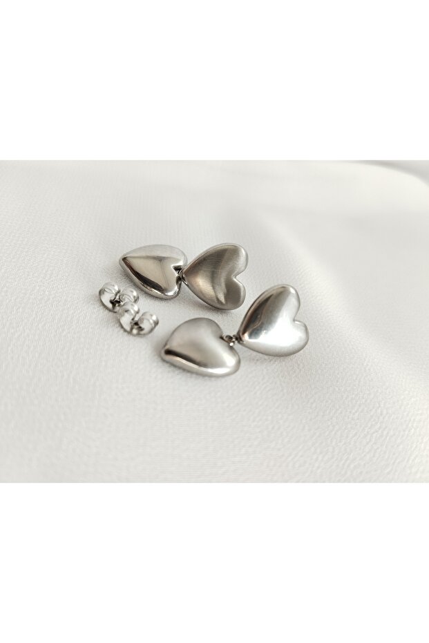Rasha Design 316L Silver Color Steel Double Dangle Heart Earrings