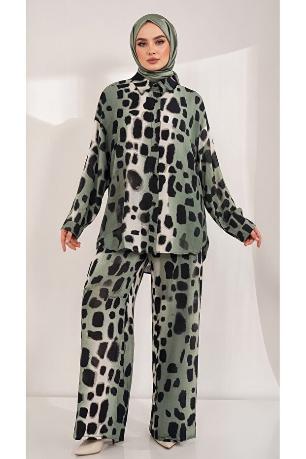 طقم مكون من قطعتين من الكتان بنقشة الفهد - 1