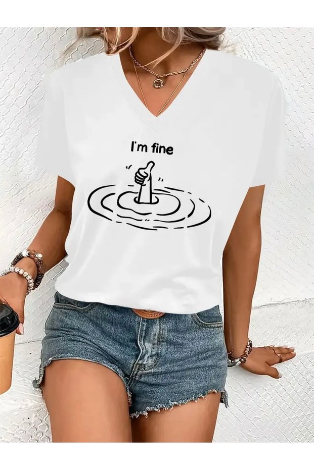 I'M Fine Printed Women's Oversize V-Neck T-Shirt