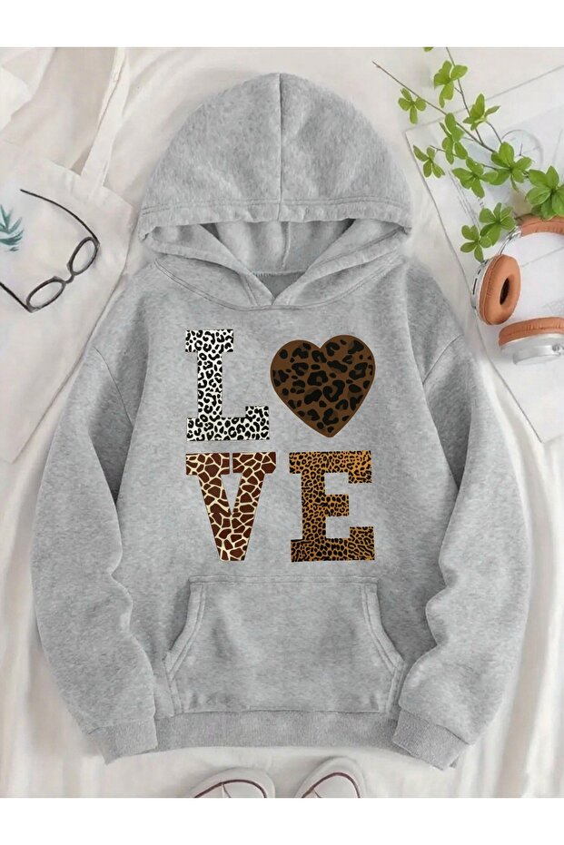 سويت شيرت للجنسين من Leopard Love مطبوع بغطاء رأس بجيب كنغر مريح وقصة قصة فضفاضة قطع