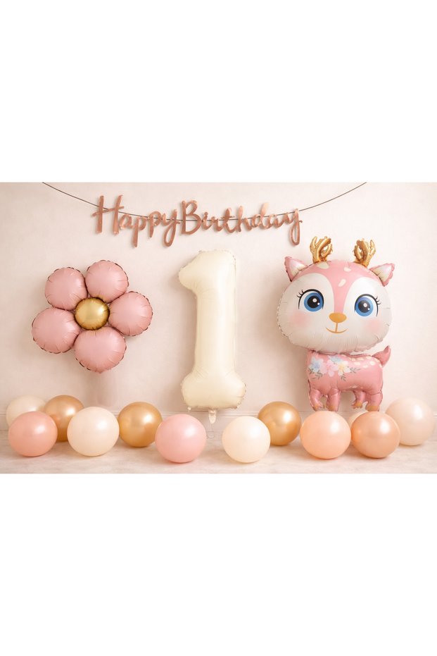 Pastel Bambi 1St Birthday Foil Balloon Set – Powder Pink, Beige & Gold Concept