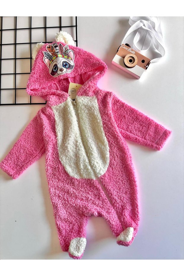 Baby Girl Hooded Rabbit Ears Zippered Welsoft Jumpsuit Pink