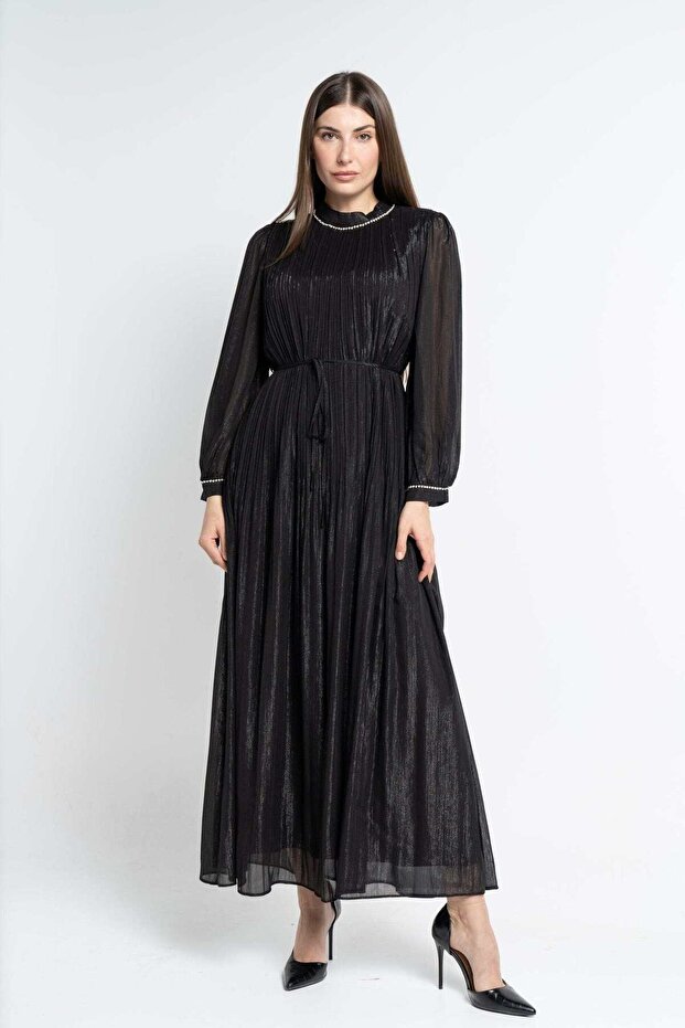 فستان ماكسي أسود سادة بحزام - 2