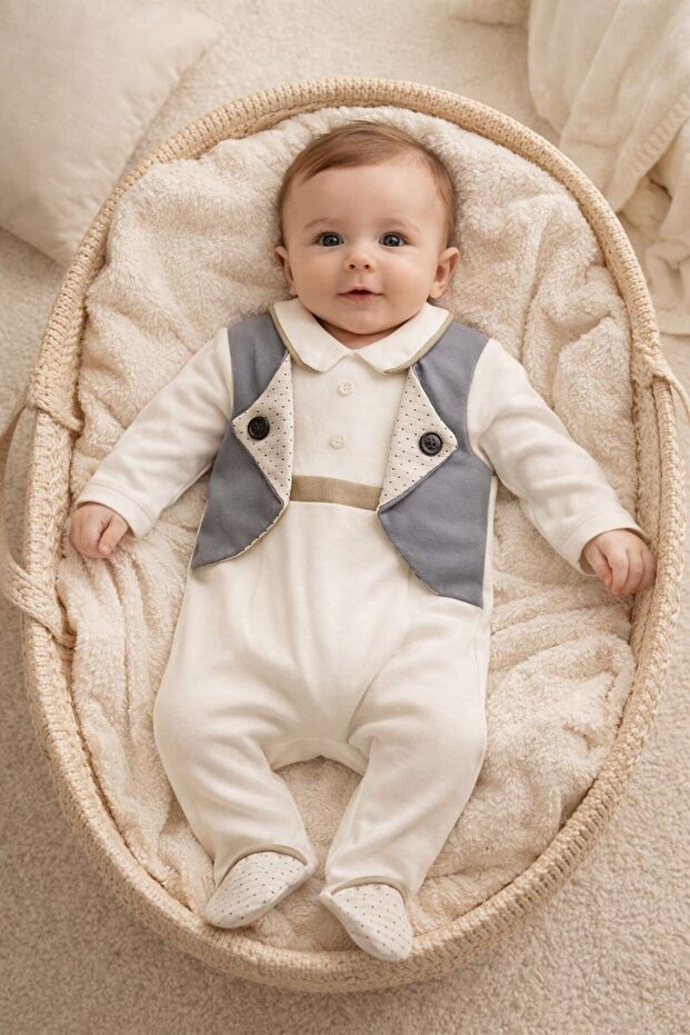 Baby Boy Romper with Bow Tie and Vest Look, Suitable for Mevlüt and Special Occasions, 100% Cotton