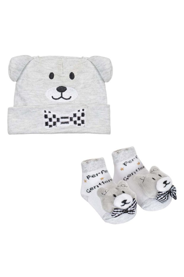 Newborn Set Grey 3D Teddy Bear Hat & Socks