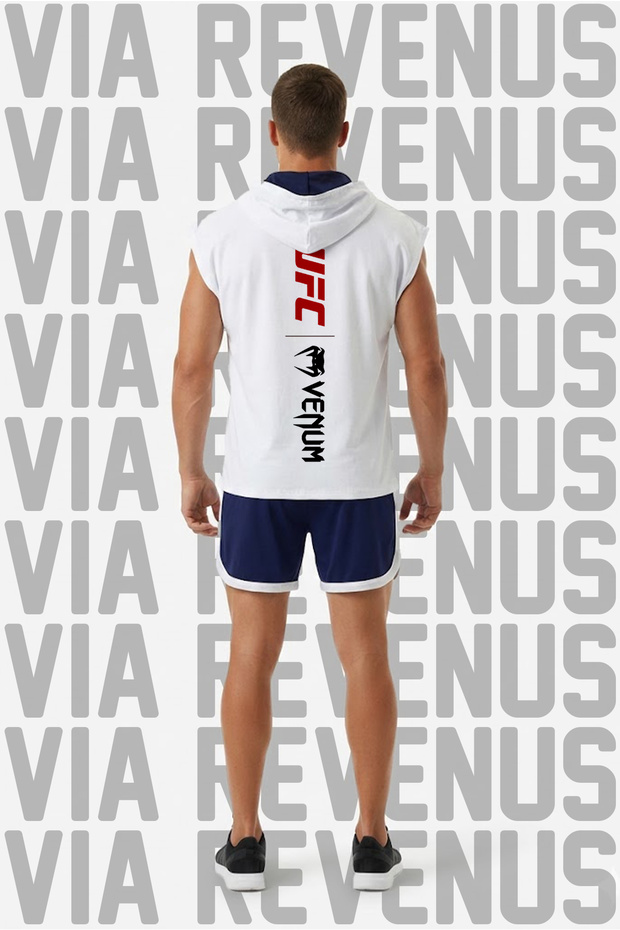Ufc Printed Hooded Sleeveless Sports T-Shirt and Piped Sports Shorts Set Gym & Fitness Combo